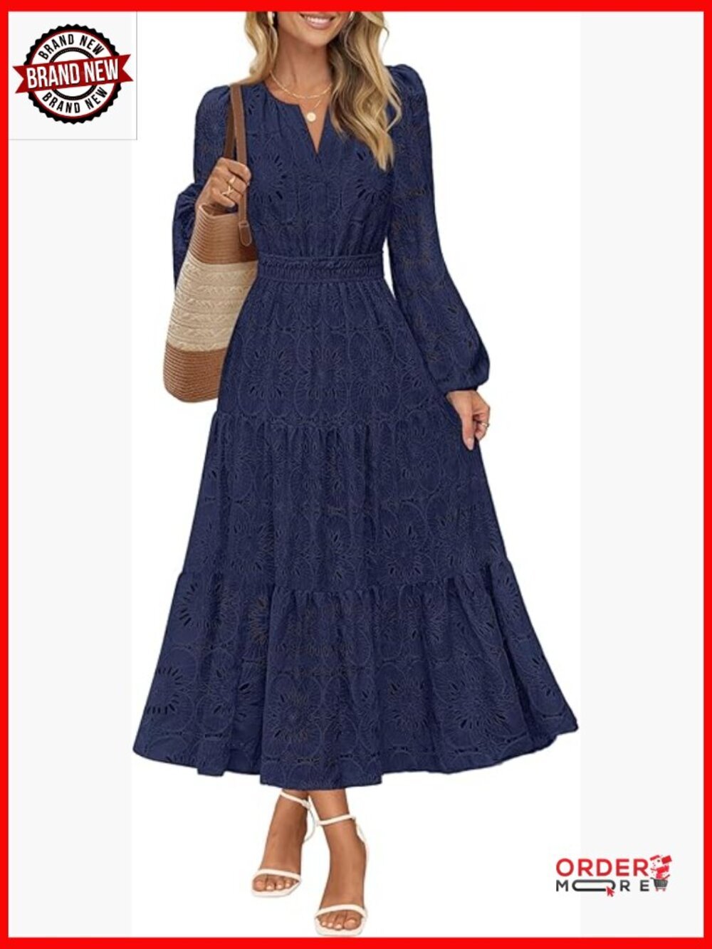 Long Sleeve Floral Maxi Dress Lace Eyelet Hollow Out Tiered Boho Wedding Guest